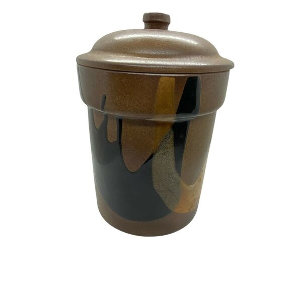 Pottery Craft Canister With Lid Brown Black Gold Cylindrical Shape Vintage Retro - Picture 4 of 12